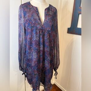 Zara Long Sheer Sleeves Floral Tunic Dress - Blue & Maroon Size M